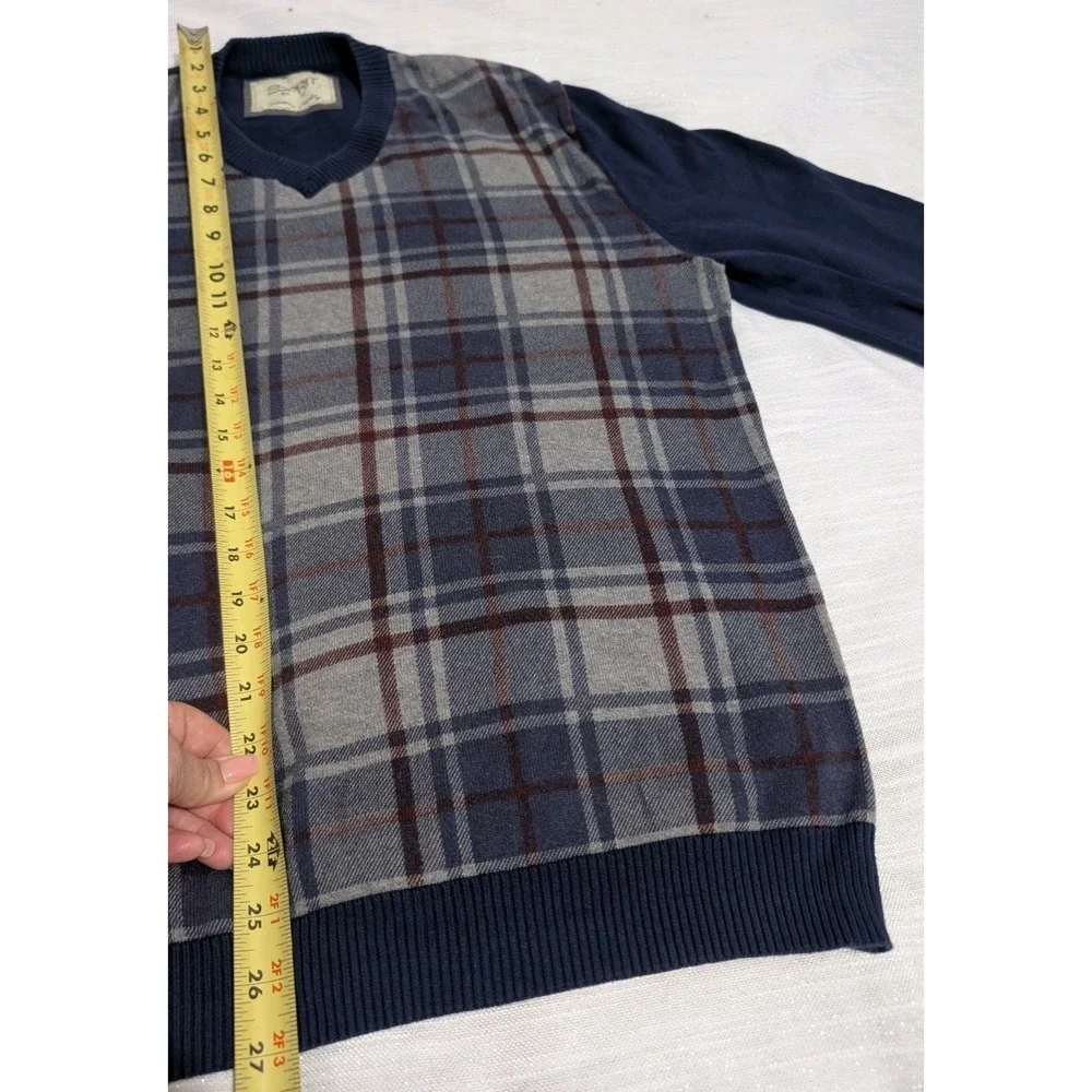 Y2K Esprit Men's V-Neck Plaid Sweater Large Blue Gray Maroon Cotton Long Sleeve‎